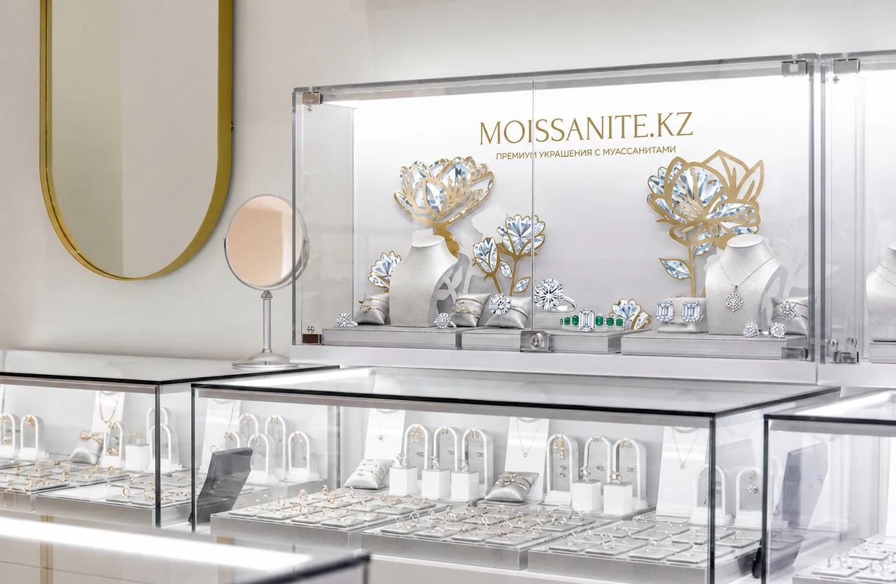 Витрина магазина moissanite.kz с ювелирными украшениями из серебра с муассанитами