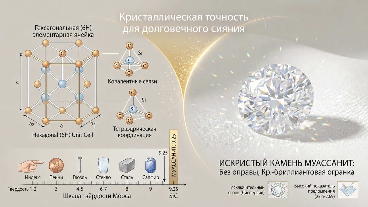 Инфографика о кристаллической структуре и твёрдости муассанита