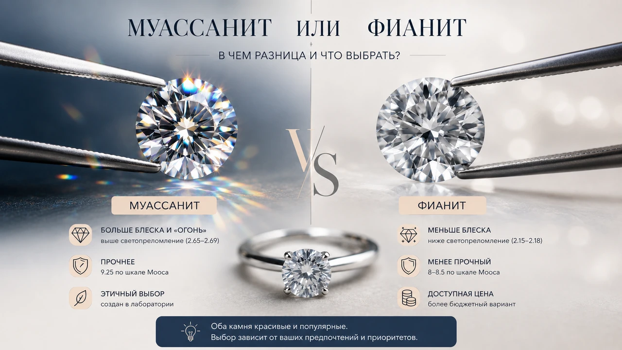 Сравнение блеска, твёрдости и цены муассанита и фианита